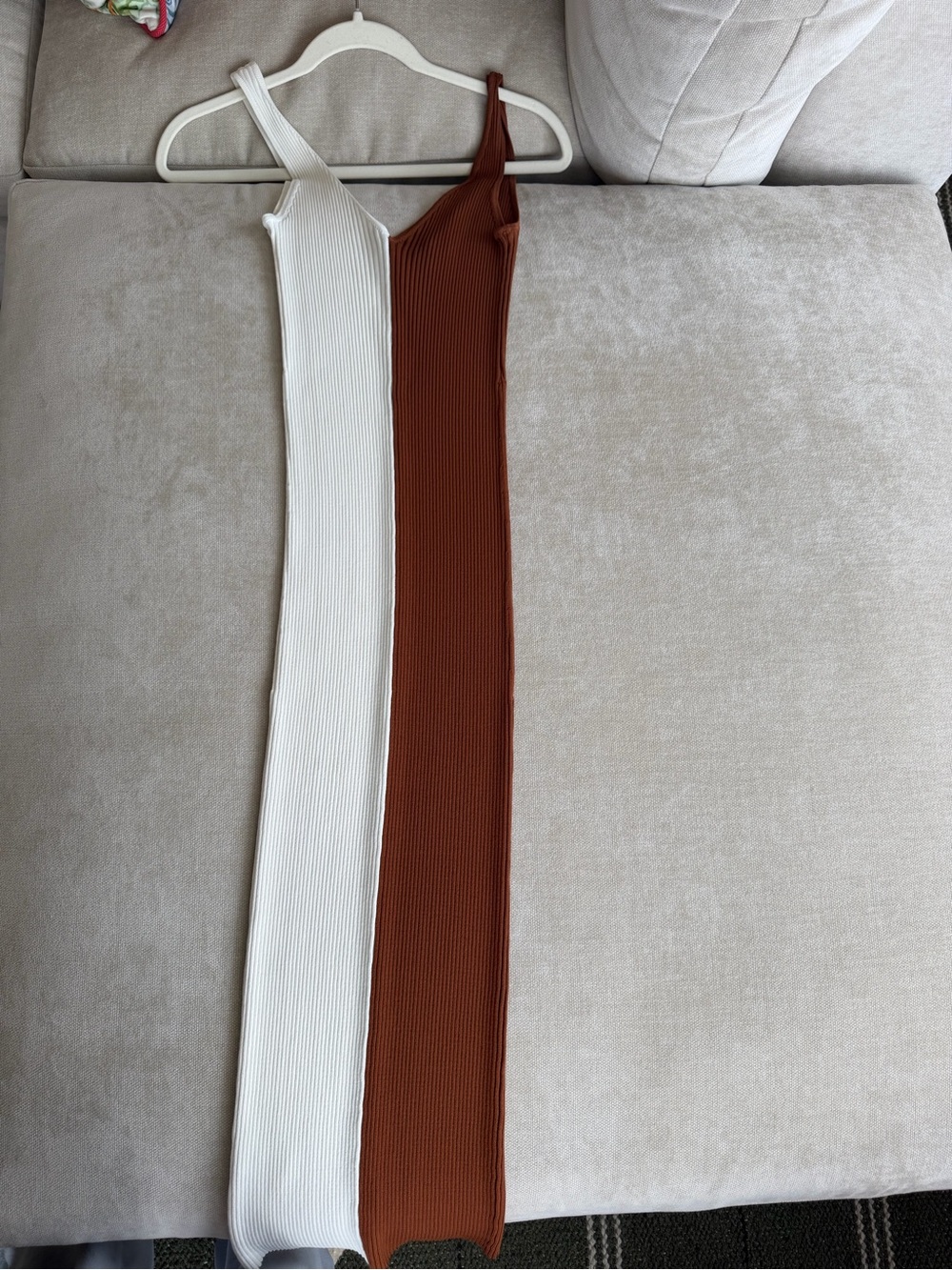 STAUD Brown & White Dana V-Neck Ribbed Midi Dress